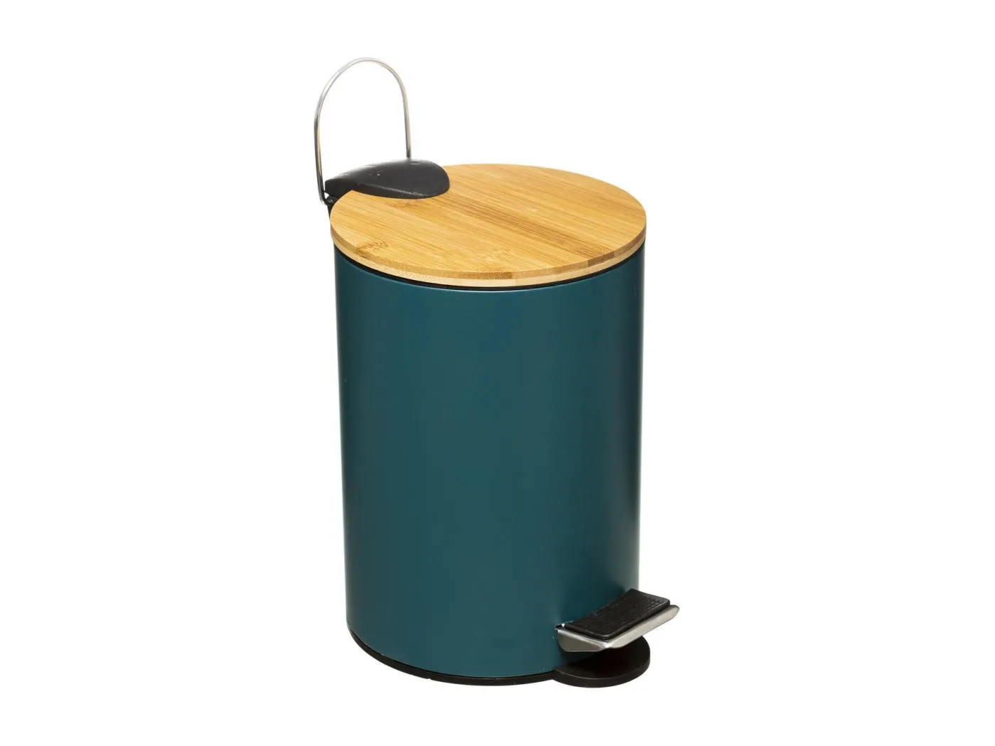 Badmülleimer aus Petrolblauem Metall mit Bambusdeckel 3L