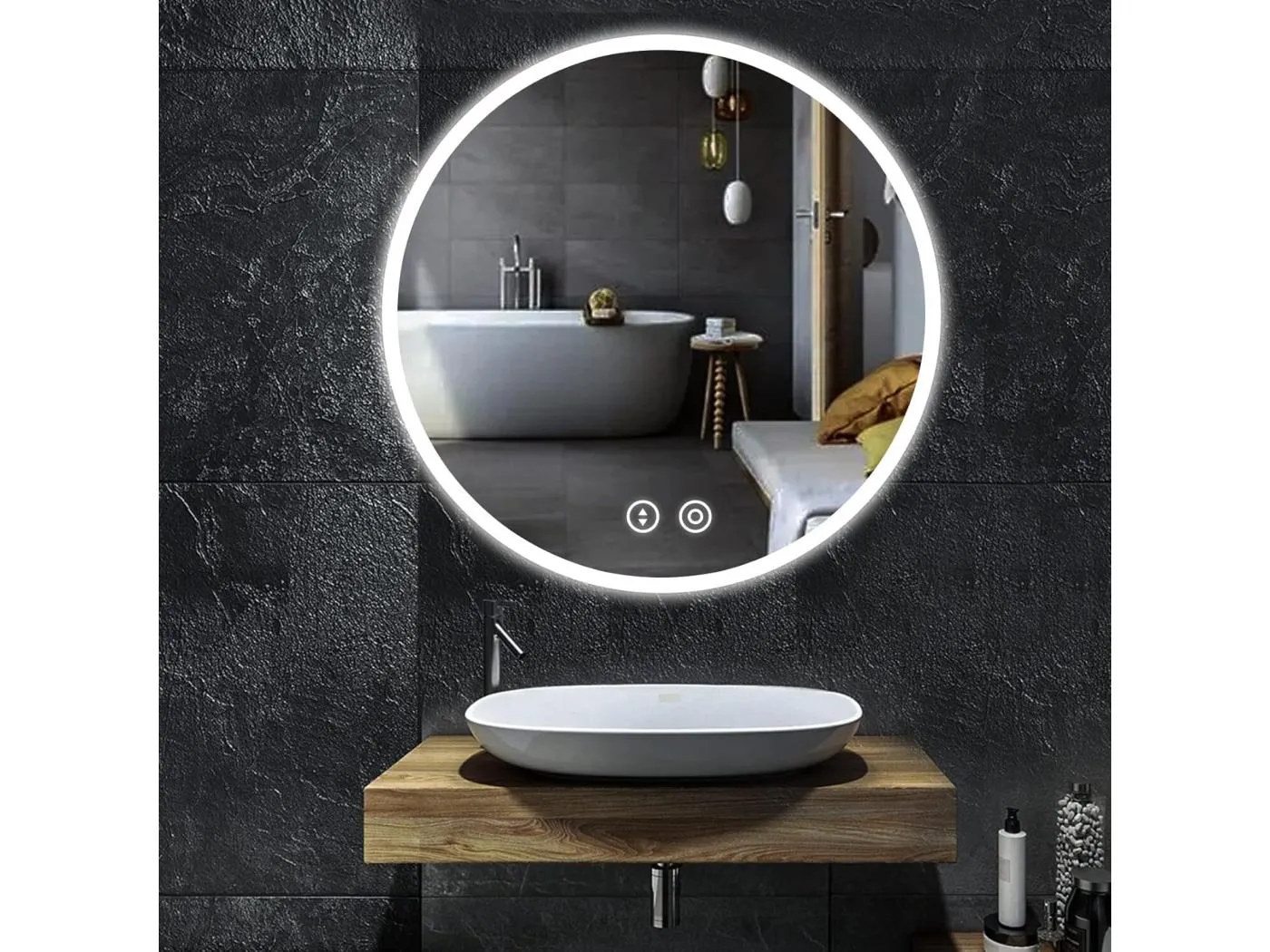 Badezimmerspiegel mit 60 x 60 cm LED-Beleuchtung, Antideflagrantglas-Anti-Fog, runder Wandspiegel-Taktilschalter, kalter Weiß 6400K