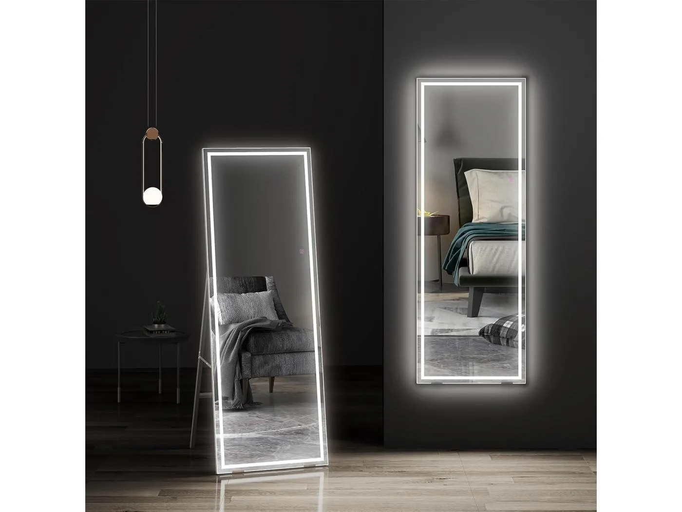 150 x 40 cm Spiegel über der gesamten Länge, LED -Spiegel mit Fuß oder Wandbeleuchtung, 3 verstellbare Farben, Bodenspiegel, Schlafzimmer, Wohnzimmer, Schwarz