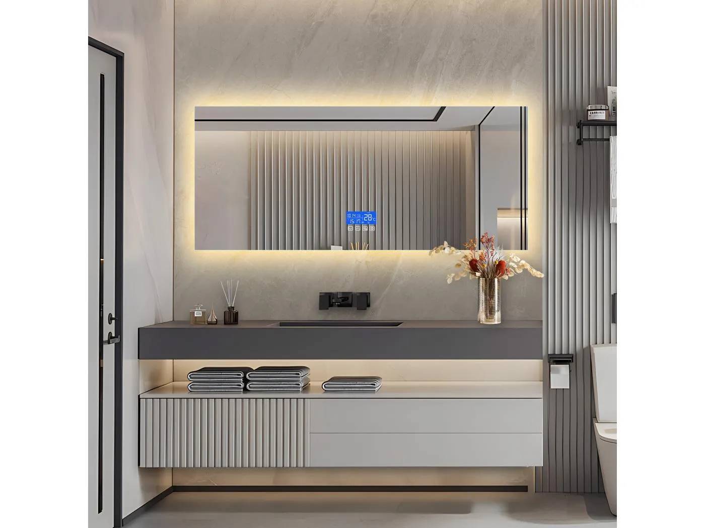 Beleuchteter Badezimmerspiegel quadratisch 60x140 cm, mit Temperaturanzeige, Antibeschlagfunktion, dreistufige Helligkeitseinstellung, Touch-Schalter