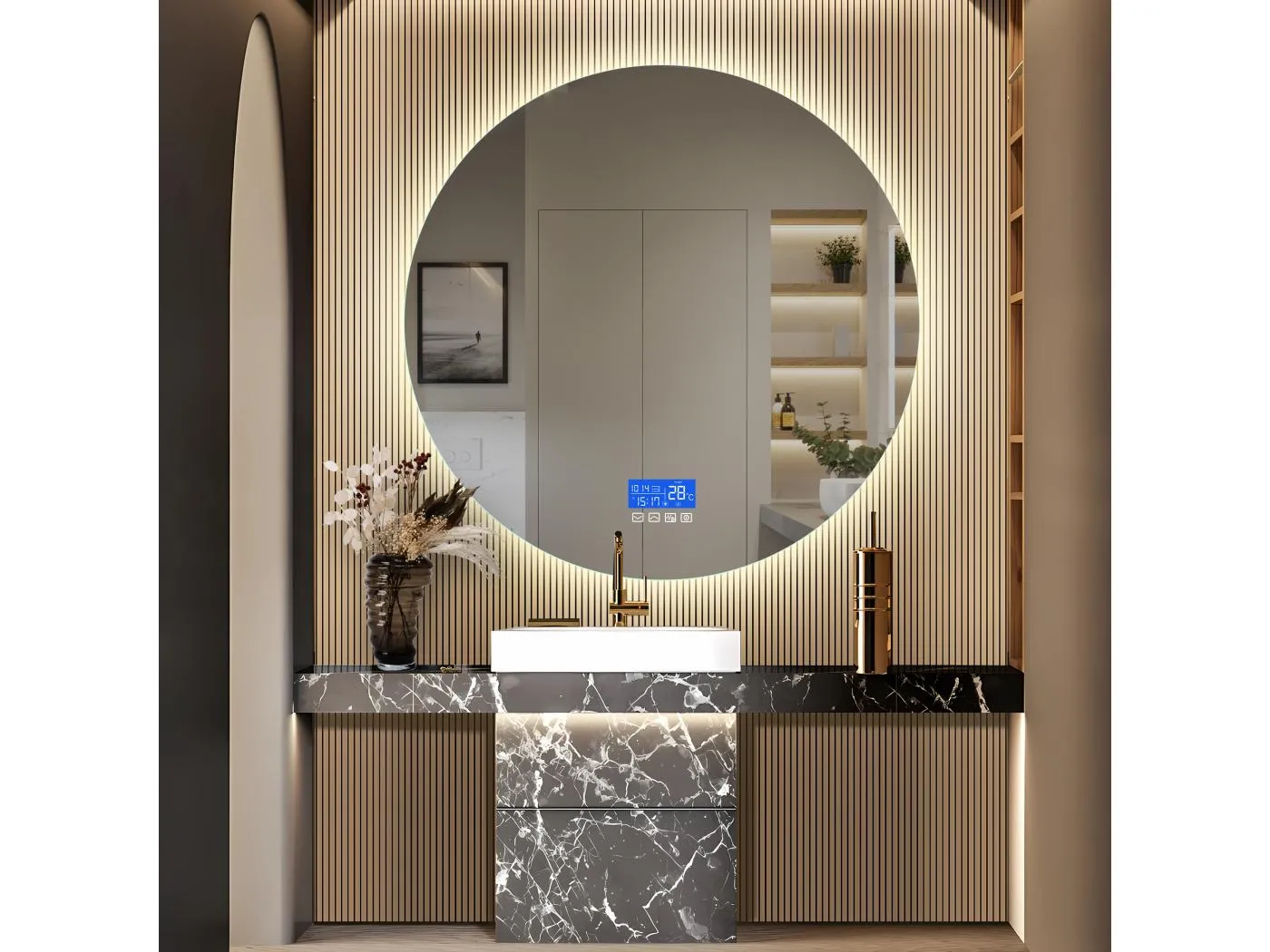 Rahmenloser Antibeschlag-Badspiegel mit Temperaturanzeige, 3 Helligkeitsstufen, rund, Durchmesser 100cm