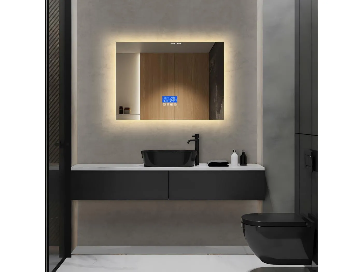 50x70 cm quadratischer beleuchteter Badezimmerspiegel, mit Temperaturanzeige, Antibeschlagfunktion, dreistufiger Helligkeitseinstellung, Touch-Schalter