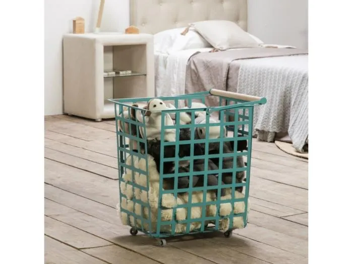 Dekorativer Aufbewahrungskorb aus Metall, mit Rädern und Holzgriff, große Größe, ZESTA