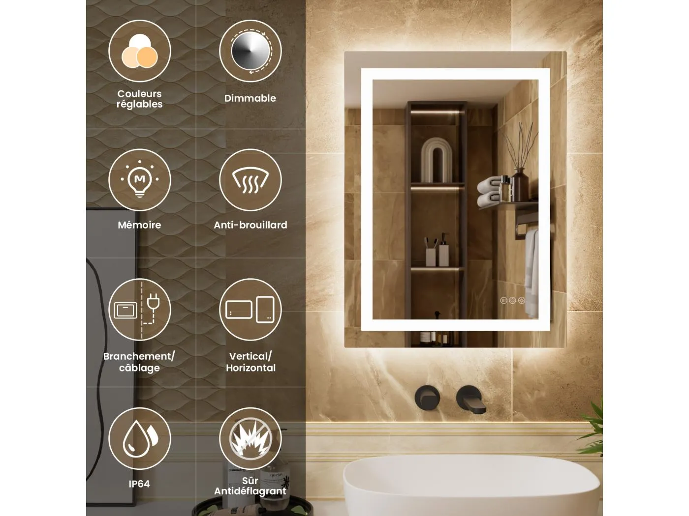 LED Sensorspiegel, Induktions-Kosmetikspiegel, dimmbare Beleuchtung, IP64, vertikal/horizontal für Badezimmer (80x60cm), Silber