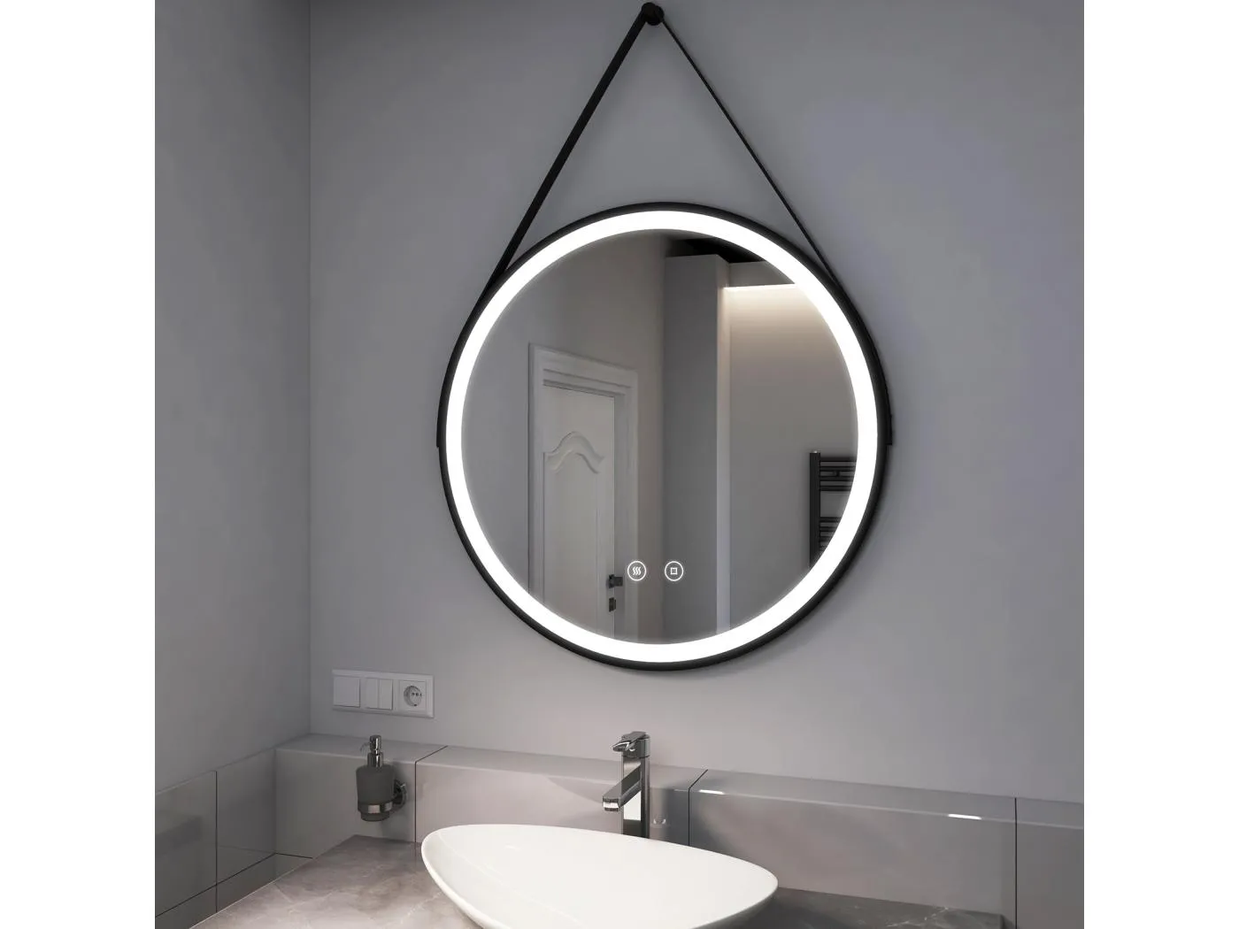 BADSPIEGEL Rund mit Beleuchtung mit Hängeriemen Schwarz Ø80 cm