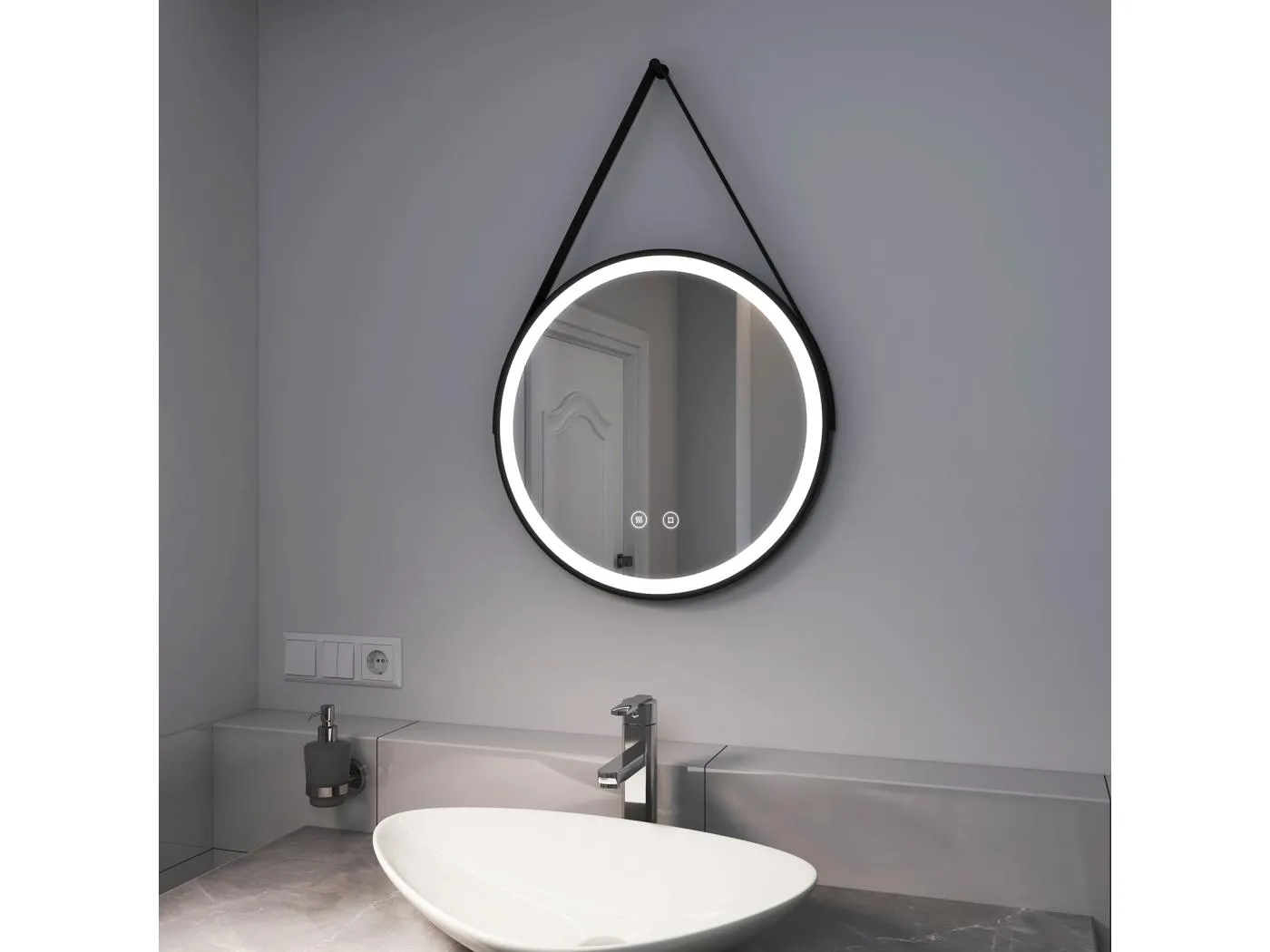 BADSPIEGEL Rund mit Beleuchtung mit Hängeriemen Schwarz Ø50 cm
