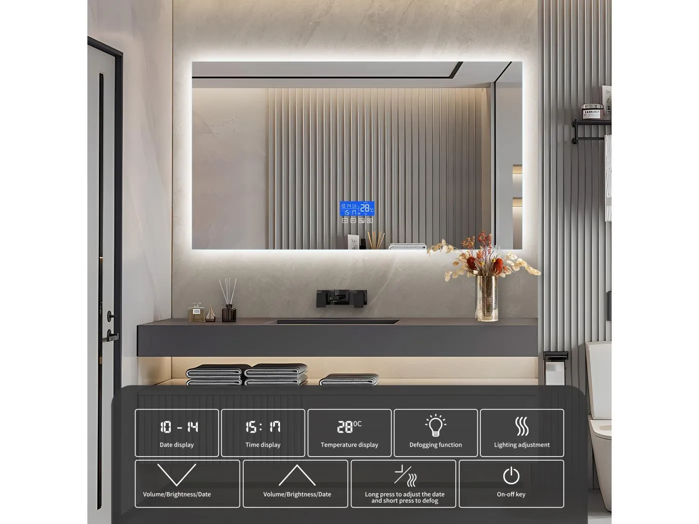 Badspiegel mit Beleuchtung - 120 x 60 cm - LED Badspiegel - mit Touch, Antibeschlag, Uhr, Temperatur, Dimmbar