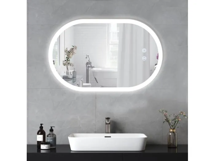 Badezimmerspiegel mit LED-Beleuchtung 70x50 cm, Antideflagrantglas-Anti-Fog, ovaler Wandschalterspiegel, 3 Farben, 6500k
