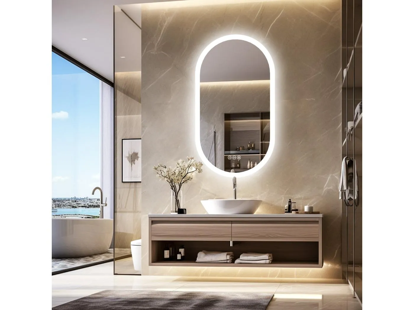 Ovaler LED Badezimmerspiegel 80x50cm beleuchteter Wandspiegel mit 3 einstellbarer Farbbeleuchtung 80x50cm