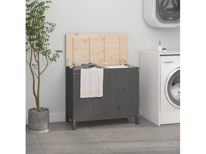 Wäschetruhe Grau 88,5x44x76 cm Massivholz Kiefer