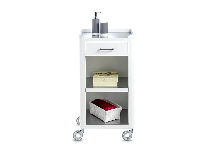 Badrollwagen Badezimmerwagen mit 3 geräumigen Ablagen und einer praktischen Schublade, Weiß - Edelstahl, THELMA