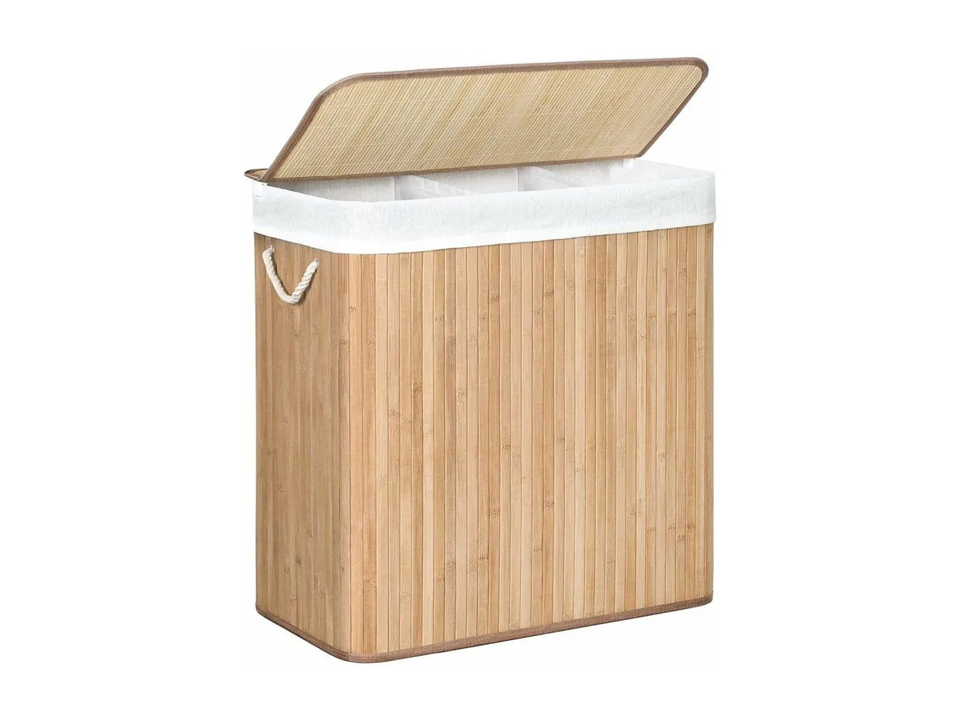 Bambus-Wäschekorb mit 3 Fächern, Deckel und Griffen, 150L - L60 x H61,5 cm