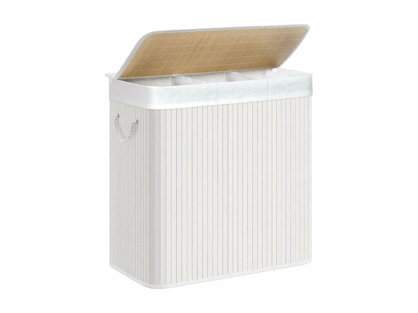 Wäschekorb 3 Fächer mit abnehmbaren Beuteln Bambus und Weiß
