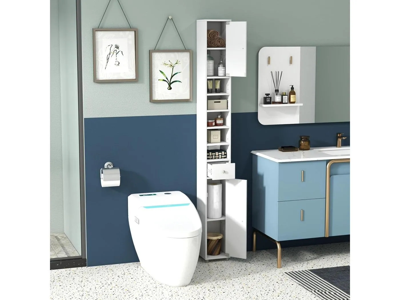 Badschrank Hochschrank schmal, Badezimmerschrank mit 2 Türen, 1 Schublade und verstellbaren Regalen, platzsparender Badregal für Badezimmer, Wohnzimmer, Küche, 20 x 20 x 180 cm