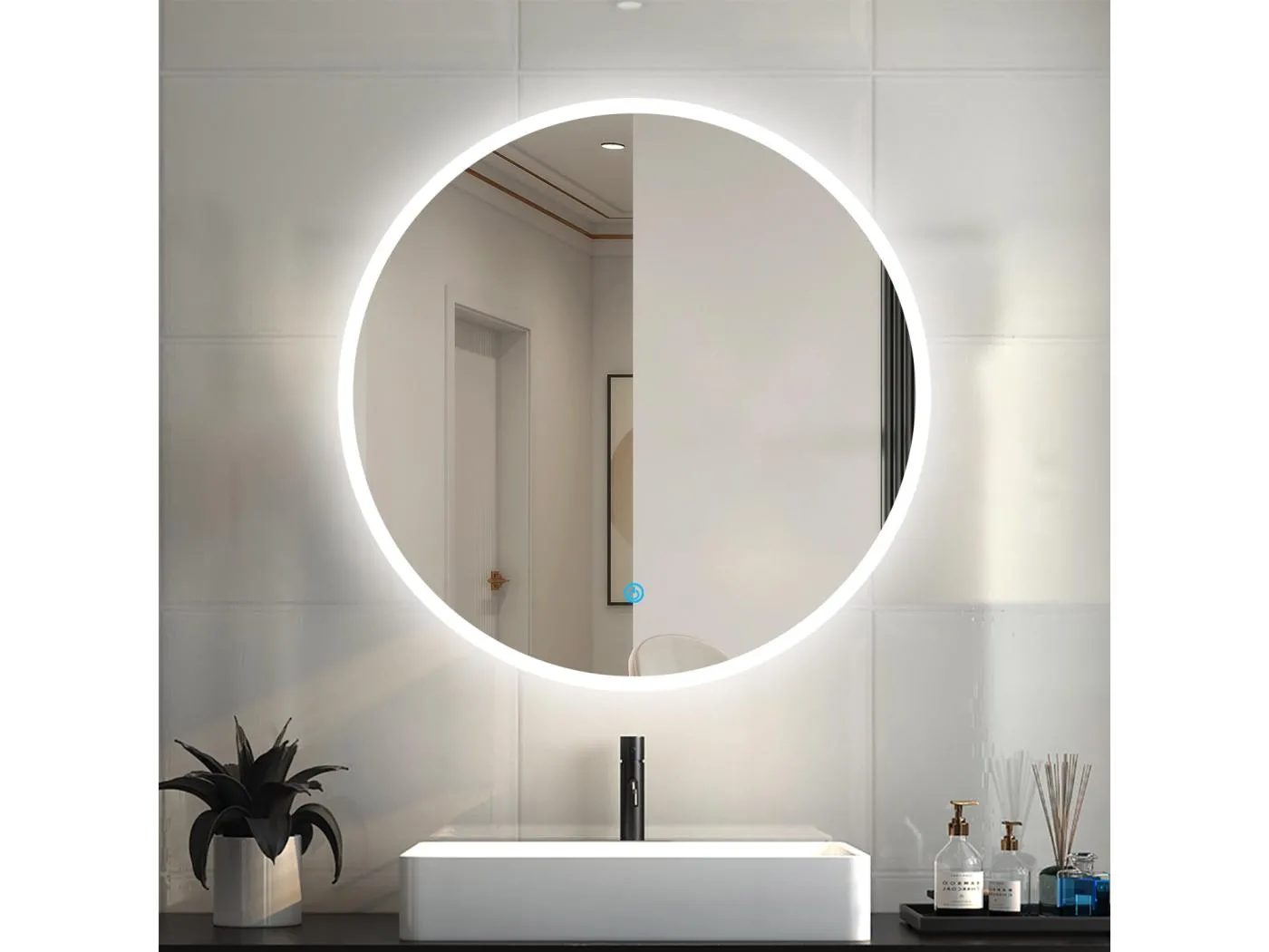 AICA Rund Badspiegel mit LED-Beleuchtung ø80cm Touchschalter Beschlagfrei Kaltweiß