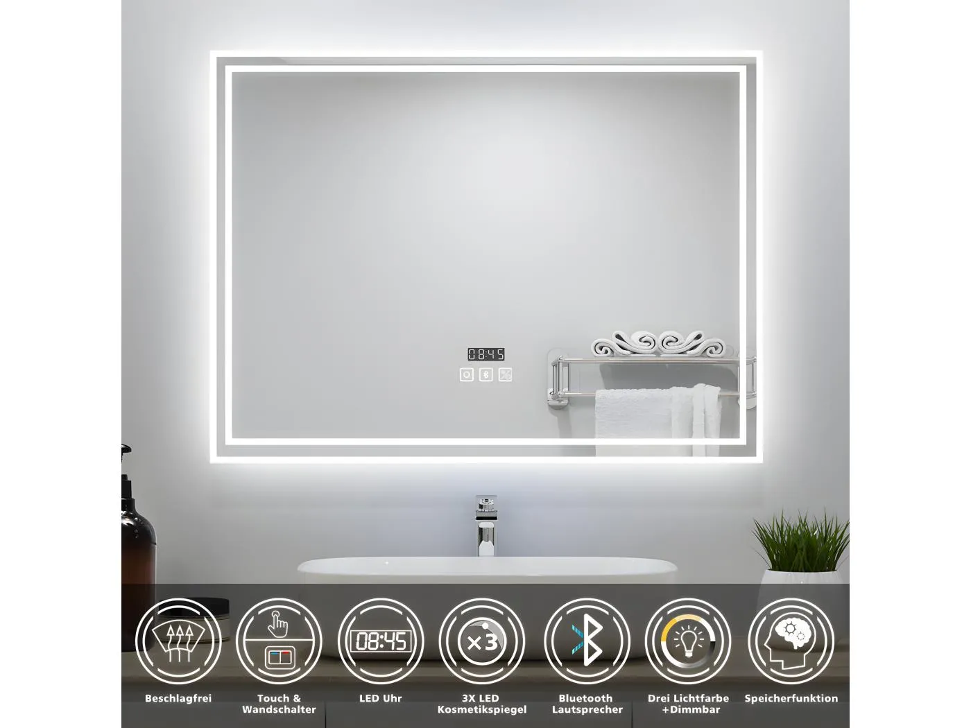 AICA Badezimmerspiegel mit LED-Beleuchtung 80x60cm Bluetooth Uhr 3 Lichtfarbe+Dimmbar Beschlagfrei Memory-Funktion