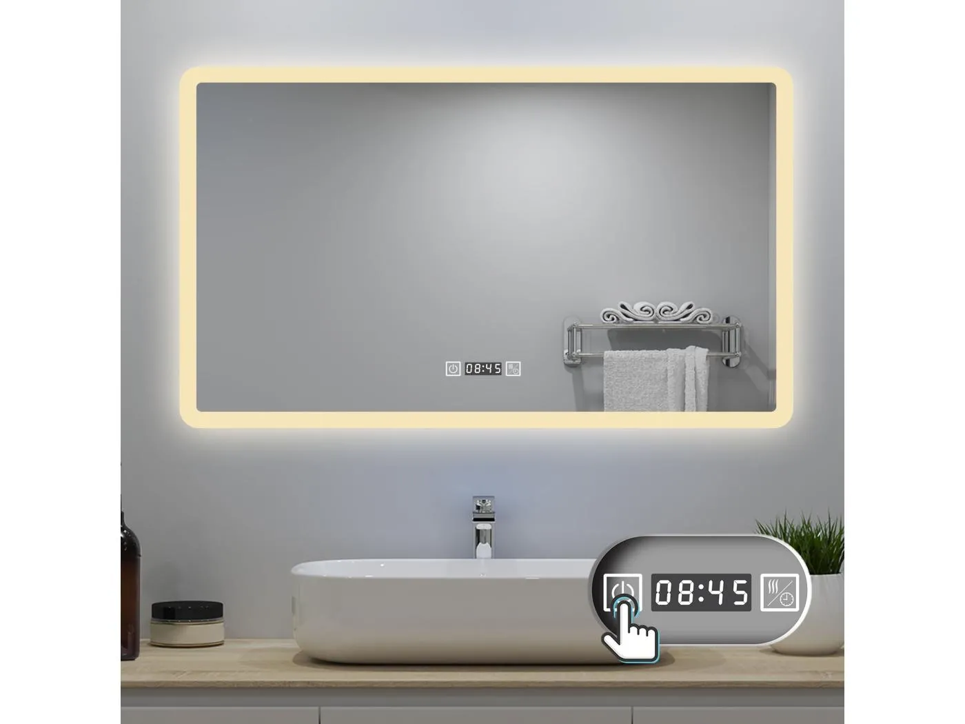 AICA LED Badspiegel 120x70cm Wand/Touchschalter - Uhr - Beschlagfrei - 3 Lichtfarbe - Dimmbar - Memory-Funktion