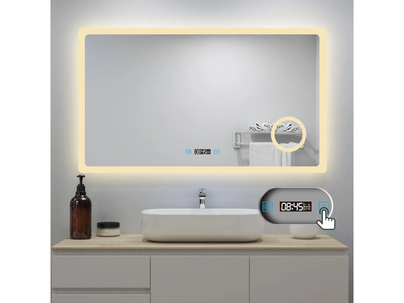 AICA Badspiegel mit LED-Beleuchtung 140x80cm Uhr Kosmetikspiegel Beschlagfrei 3 Lichtfarbe+Dimmbar Memory-Funktion