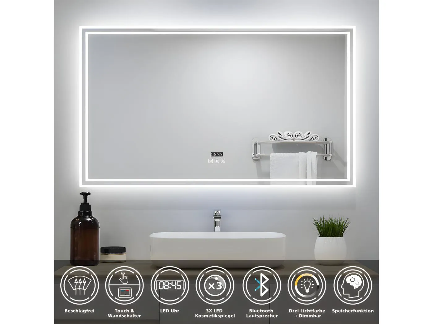 AICA Badezimmerspiegel mit LED-Beleuchtung 160x80cm Bluetooth Uhr 3 Lichtfarbe+Dimmbar Beschlagfrei Memory-Funktion