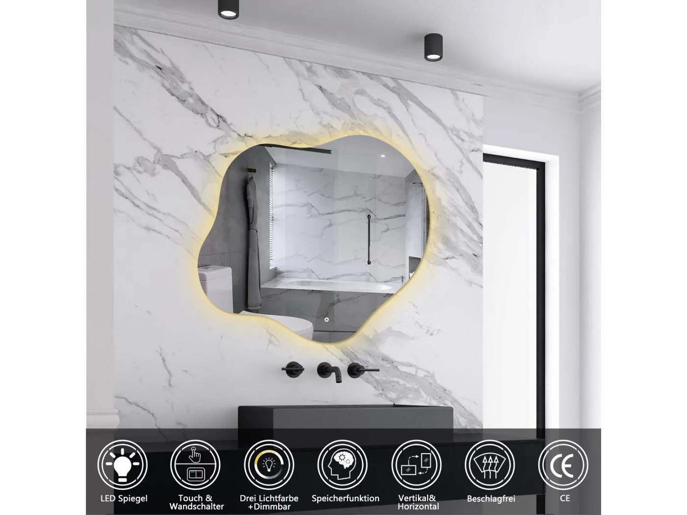 AICA LED Badspiegel Wolkenform 60x50cm Beschlagfrei 3 Lichtfarbe+Dimmbar