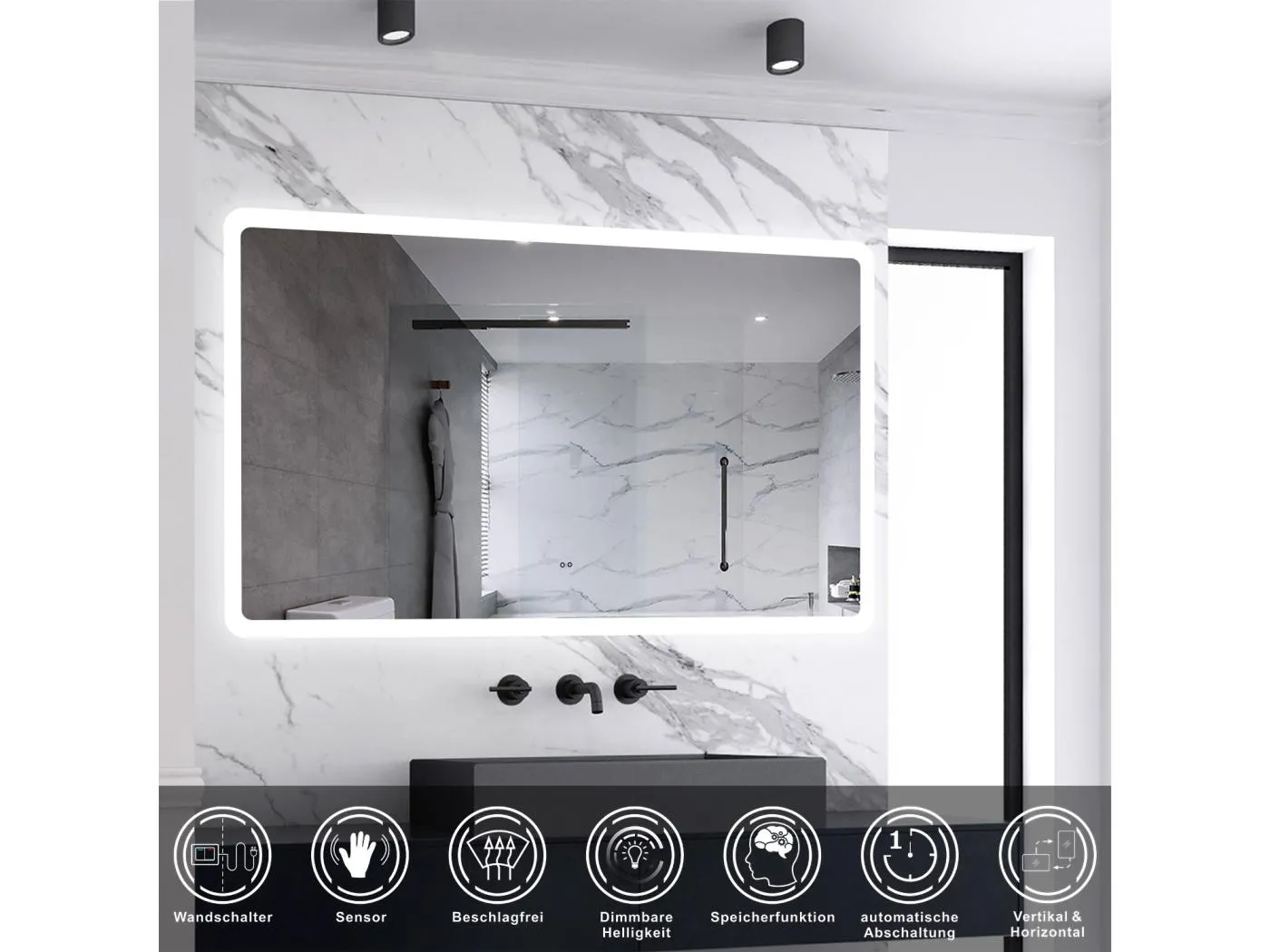 AICA Badspiegel mit Beleuchtung 160x80cm Sensor-Schalter Beschlagfrei Kaltweiß dimmbar Memory-Funktion LED Wandspiegel IP44