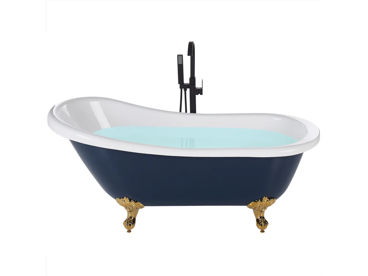 Retro Badewanne blau/weiß oval freistehend 153 x 77 cm Löwenfüße in Gold Cayman