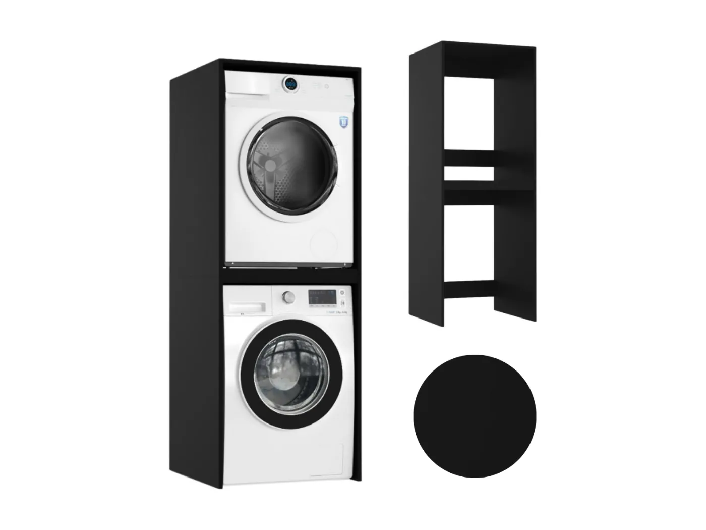 Schwarzer Badezimmerschrank über Waschmaschine und Trockner - Säulenschrank für Haushaltsgeräte.