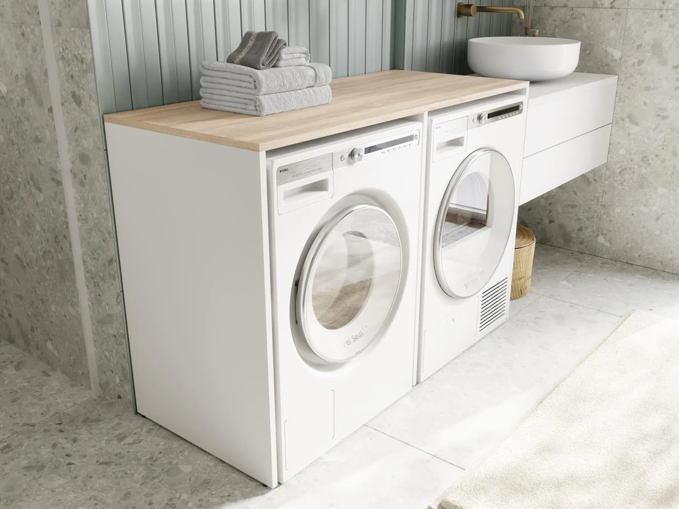 Waschmaschinenschrank 130 cm breit, geeignet für Waschmaschine & Wäschetrockner mit Staufach, Waschmaschinenschrank Überbauschrank