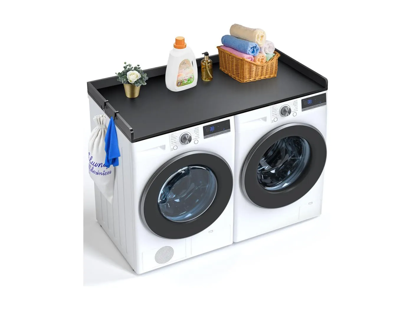 Waschmaschine-Trockner-Werkbank SucceBuy, 137x69 CM, Wasserfeste Abdeckung mit Rutschfesten Pads, für Waschküchen-Organisation, Schwarz