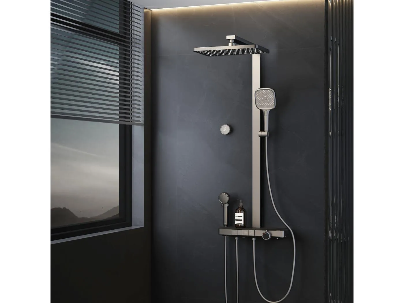 EMKE Duschsäule mit Thermostat 38℃ Regenbrause 40 cm Glasregal mit 3+1 Handbrause für Eltern-Kind + Duschhalterung - Anthrazit Matt