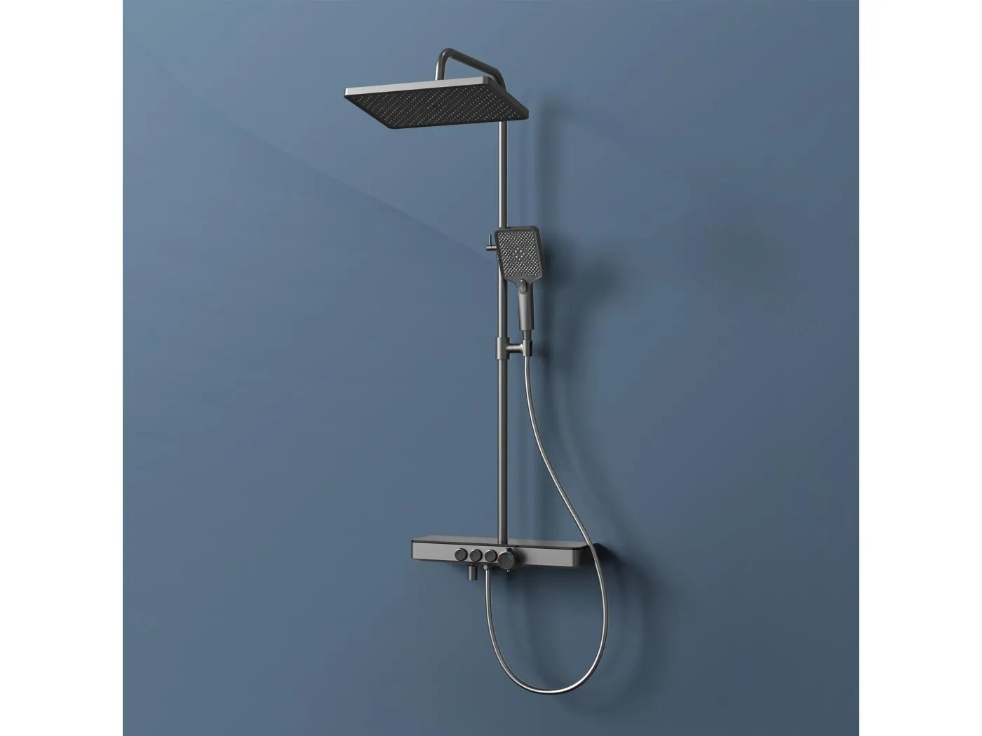 EMKE Thermostat-Duschsäule, 45 x 13 cm Glasregale, 3 Strahlarten, Regendusche, KTW-Zertifizierung, Metallgrau