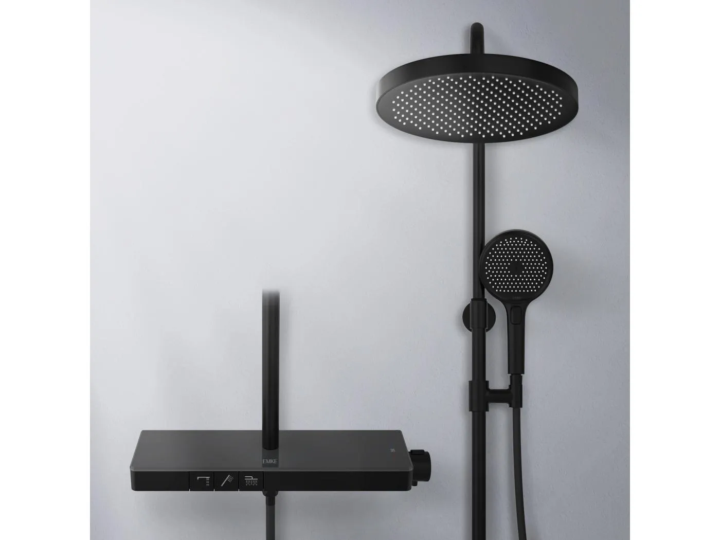 EMKE Thermostat-Duschsäule mit 38°C, große Kopfbrause und Multimode-Handbrause, Kreisform, Schwarz