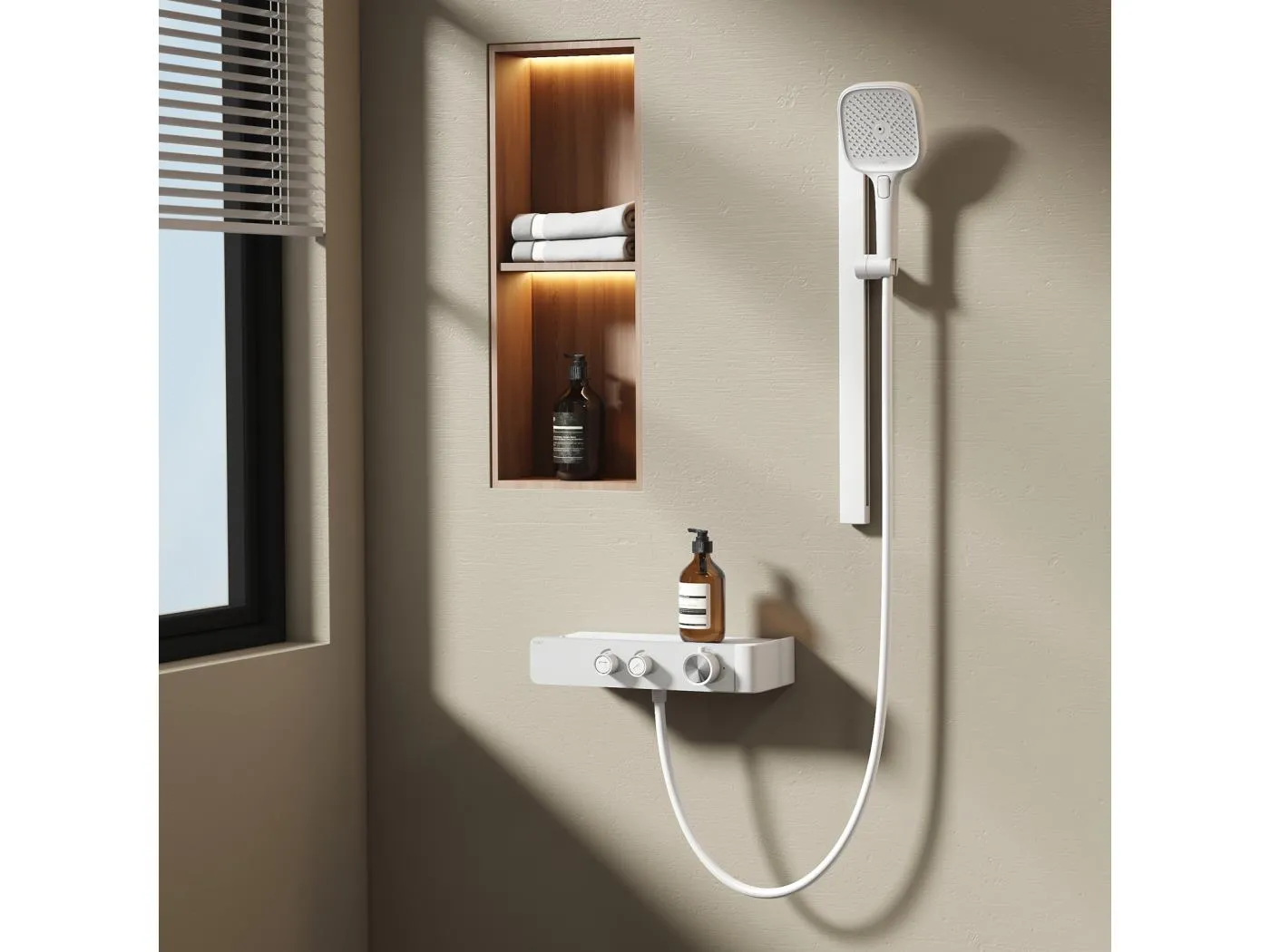 EMKE Thermostat-Duschsäule – Matt Weiß, einstellbarer Wasserfluss, separates minimalistisches Design, 3-funktionale Handbrause, Duschset
