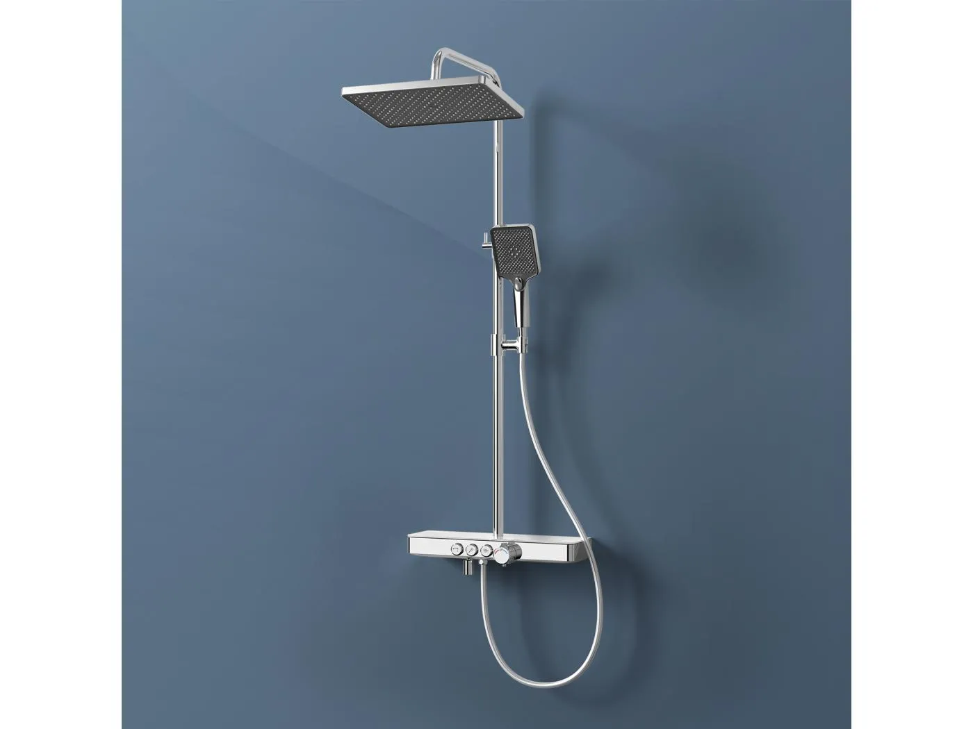 EMKE Thermostat-Duschsäule, 45 x 13 cm Glasregale, 3 Strahlarten, Regenbrause, KTW-Zertifizierung, Chrom