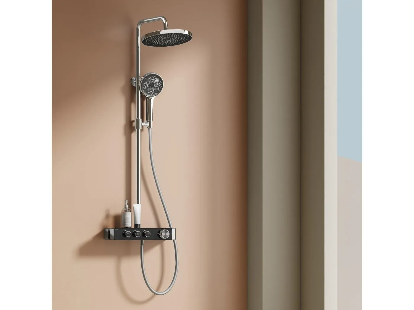 EMKE Thermostat-Duschsäule Chrom, innovative Durchflussregelung, Regenbrauseeffekt 26 cm, Handbrause mit 3 Strahlen