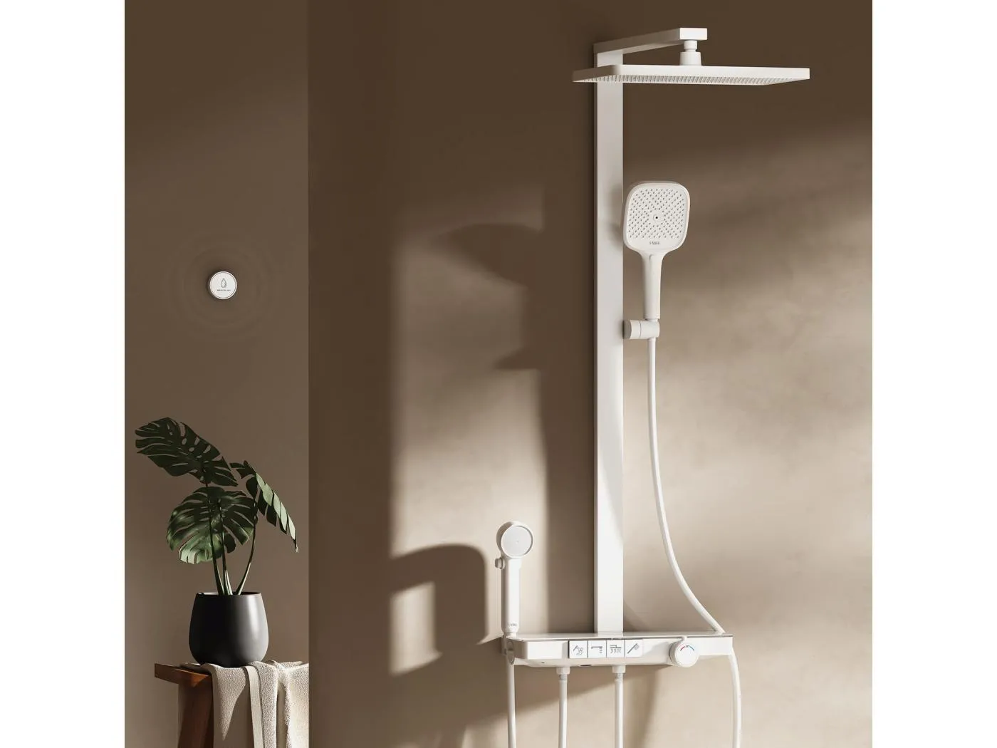 EMKE Thermostat-Duschsäule mit 38℃, Regenbrause 40 cm, Glasablage mit 3+1 Eltern-Kind-Handbrause + Duschhalterung - Weiß