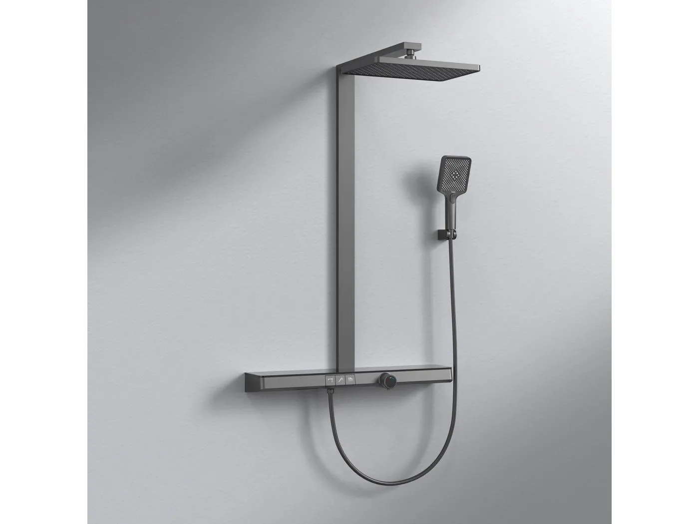 EMKE Thermostat-Duschsäule 38°C, Sicherheitsverriegelung, Regenbrause mit Mischbatterie, mit extra großer Ablage, KTW-zertifiziert, Anthrazit