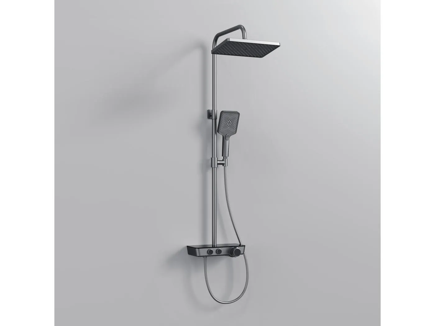 EMKE Duschsäule mit Thermostat, 3-Strahl-Handbrause, Wasserfall-Strahl, Set mit Glasregal, KTW-zertifiziert, Metallgrau