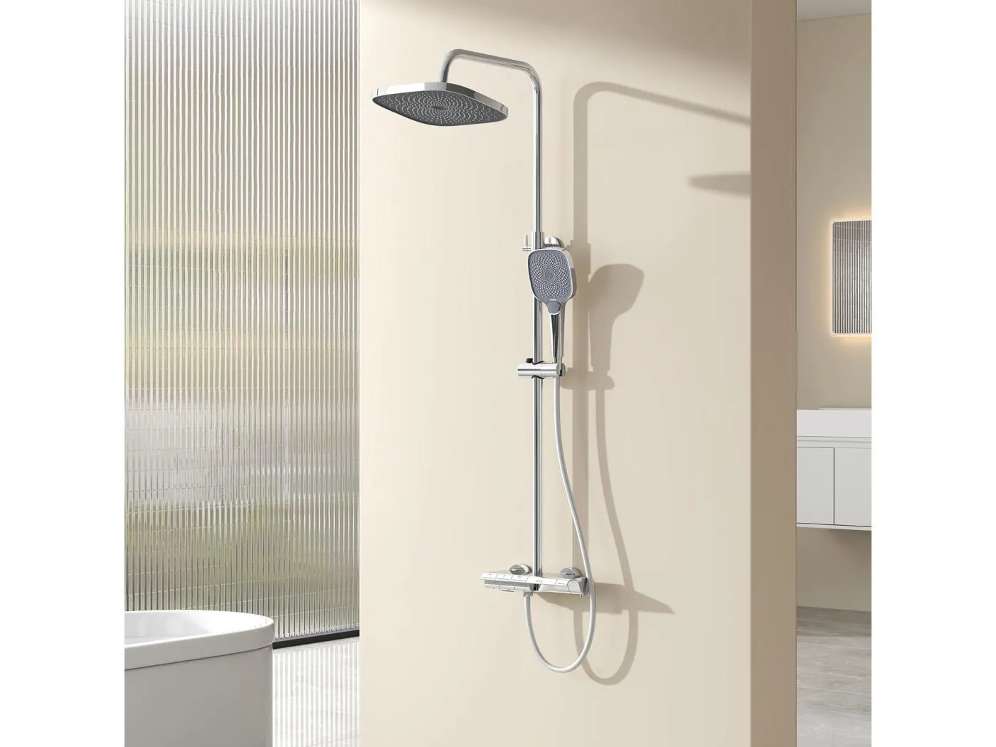 EMKE Thermostat-Duschsäule Set, Multimode-Handbrause, große Kopfbrause, KTW-zertifiziert, Galaxie-Modell, Chrom