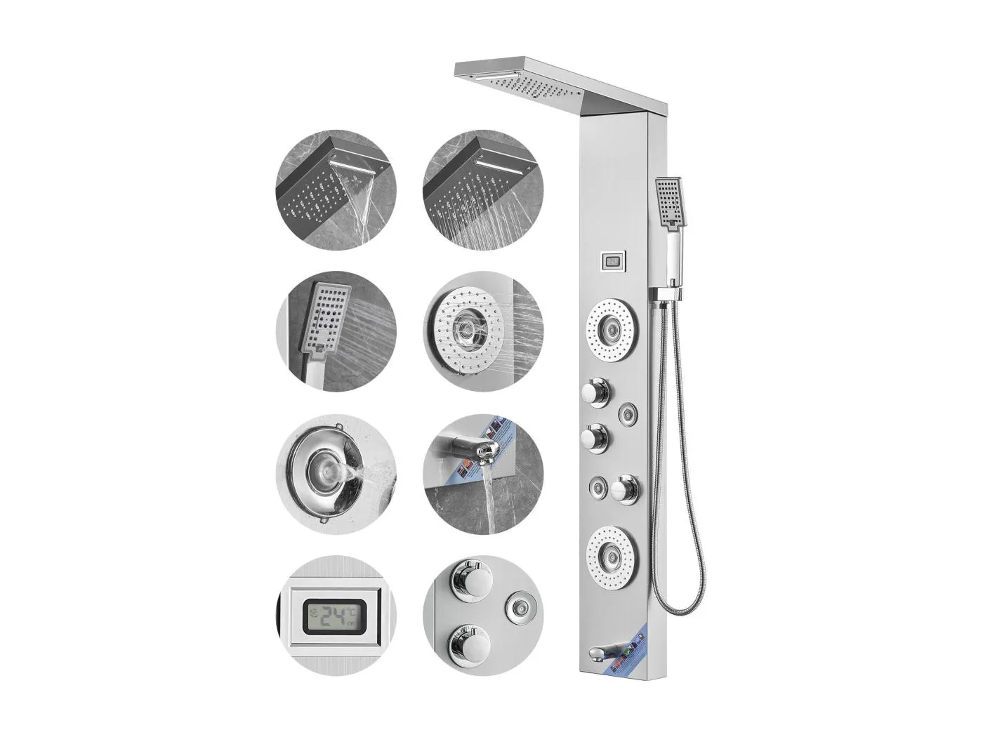 Dusche-Panel-Turm-System SucceBuy, 6 Modi, LED und Digitalanzeige, Stahl-Eisen mit Regenbrause-Effekt