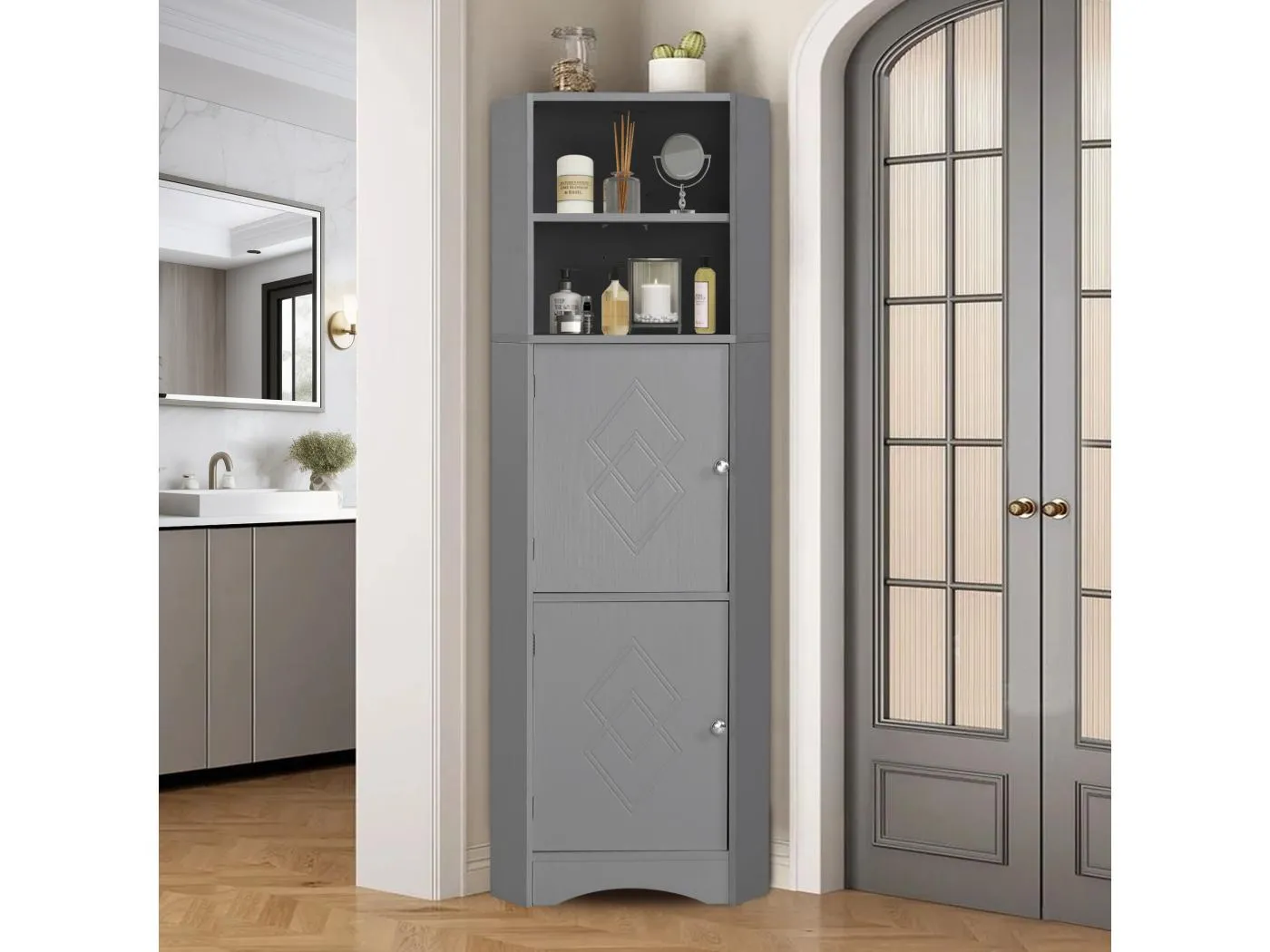 Badezimmer-Ecksäule – 2 offene Fächer und 2 Türen – verstellbare Einlegeböden – Grau