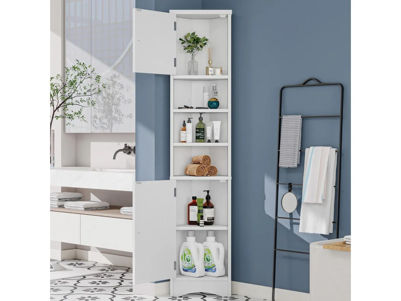 Dreieckiger Badezimmerschrank – 36,5 x 24,5 x 170 cm – 3 Fächer + 2 Türen – MDF – Weiß