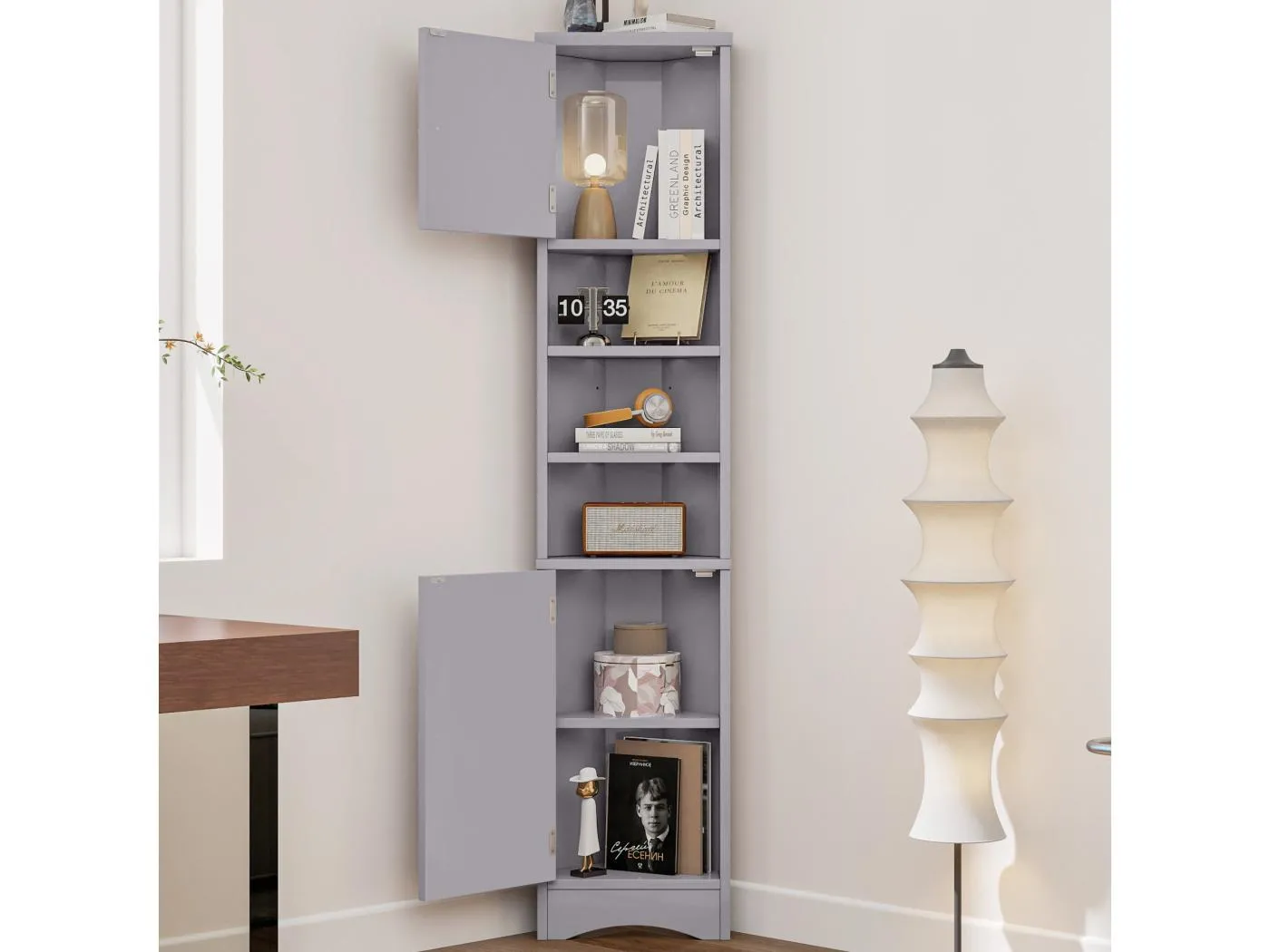 Dreieckiger Badezimmerschrank – 36,5 x 24,5 x 170 cm – 3 Fächer + 2 Türen – MDF – Grau