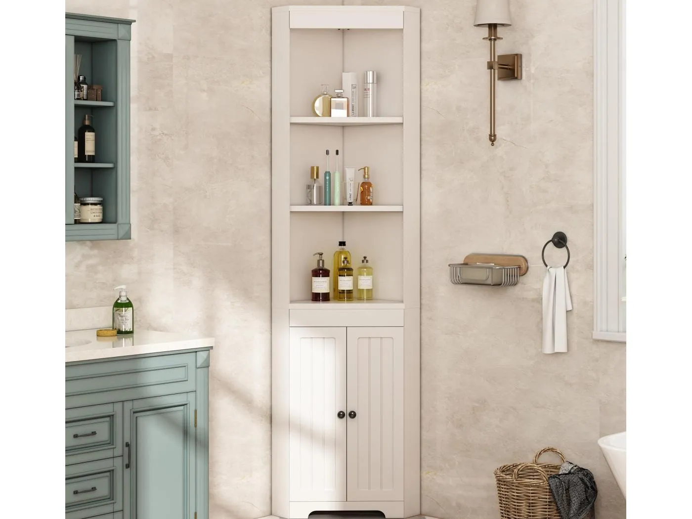 Badezimmerschrank 49,5×35×170 cm - 3 offene Fächer - 2 feuchtigkeitsbeständige Türen - höhenverstellbare Regale - weiß