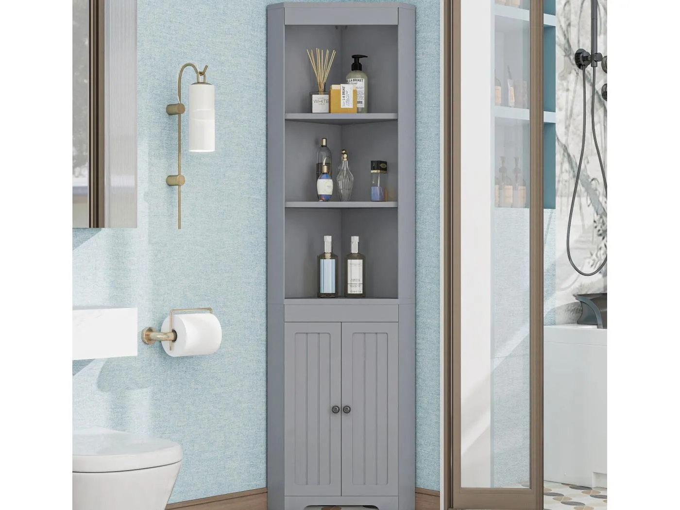 Badezimmerschrank 49,5×35×170 cm - 3 offene Fächer - 2 feuchtigkeitsbeständige Türen - höhenverstellbare Regale - grau
