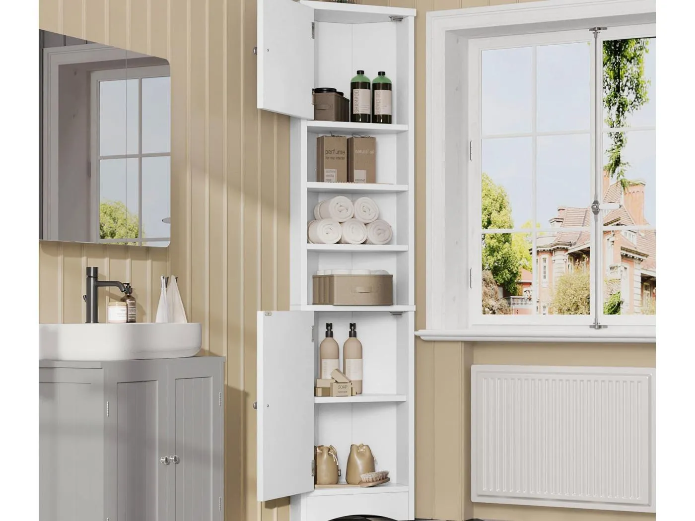 Dreieckiger Badezimmerschrank 36,5×24,5×170 cm - 3 offene Fächer - 2 Türen - weiß