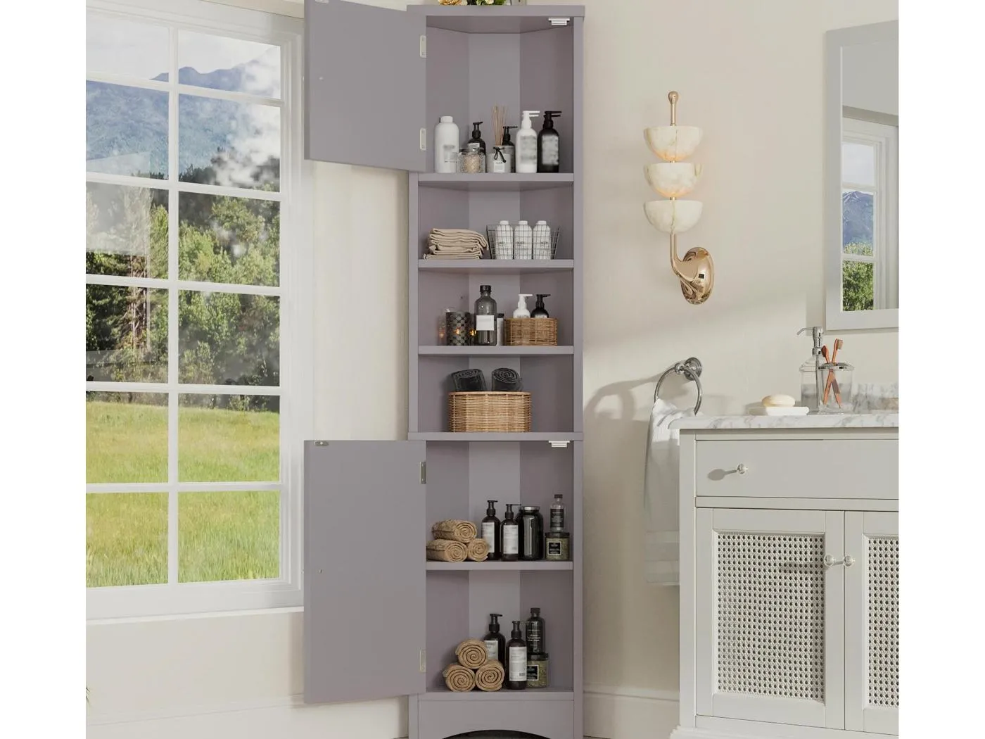 Dreieckiger Badezimmerschrank 36,5×24,5×170 cm - 3 offene Fächer - 2 Türen - grau