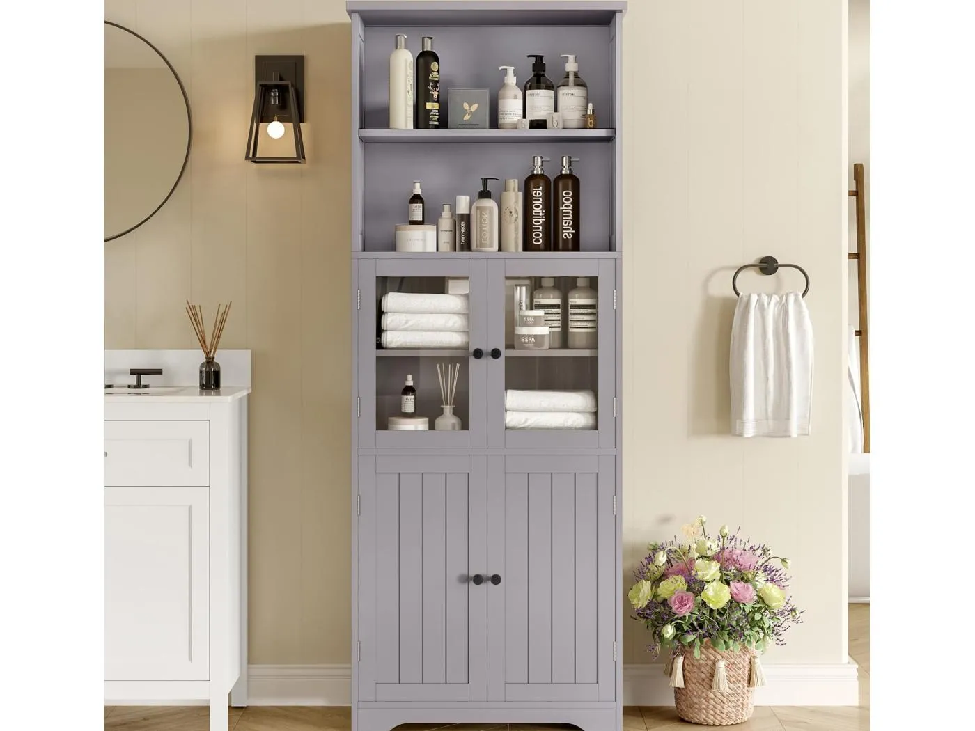 Badezimmerschrank 57,4×28,5×160 cm - 4 Türen - 2 offene Fächer - höhenverstellbare Regale - grau