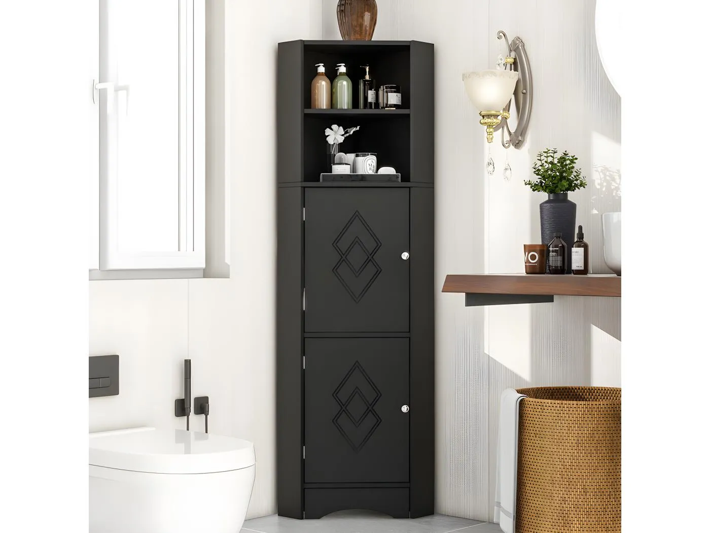 Badezimmer-Ecksäule – 2 offene Fächer und 2 Türen – verstellbare Einlegeböden – Schwarz