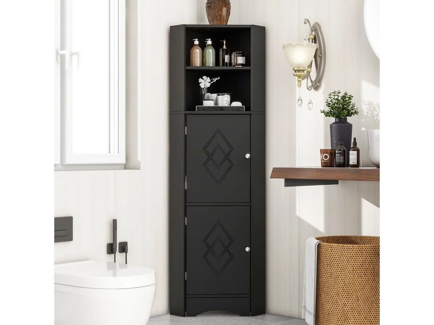 Badezimmer-Ecksäule – 2 Türen und 2 verstellbare Einlegeböden – Spanplatte – Schwarz